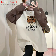 LOVER RUCCI歐貨大版寬松加絨加厚長(cháng)袖T恤女中長(cháng)款遮屁股時(shí)尚減齡打底衫包臀 眼豹-卡其色常規純棉】 L
