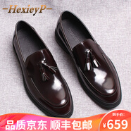 輕奢品牌禾鞋一品歐美厚底男鞋漆皮男士休閑皮鞋男牛皮韓版流蘇樂福鞋一腳蹬潮皮鞋 酒紅色 37