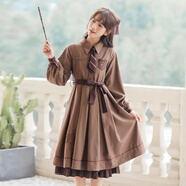 ROAR UTHAUG長袖連衣裙少女春秋2023新款初中高中學(xué)生法式JK制服學(xué)院風(fēng)長裙子 單件9025棕色連衣裙配領(lǐng)帶腰帶【 XL
