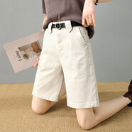 雪沐蓉 高腰牛仔短褲女夏季薄款2022新款直筒寬松闊腿工裝5分中褲五分褲 米白色 28