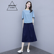 SHIROMA女裝棉麻套裝連衣裙女中長款夏季減齡氣質(zhì)時尚韓版亞麻裙子兩件套 藍(lán)色+藏青 M /106-120斤