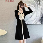女裝新款連衣裙女2022秋冬新款法式V領(lǐng)蝴蝶結(jié)小香風連衣裙氣質(zhì)收腰顯瘦A字裙赫本風秋冬洛麗塔 黑色 L