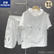 羅蒙多口袋工裝連帽短袖T恤男夏季新款潮流個(gè)性寬松百搭休閑半袖體恤 白色套裝 M（90-110斤）