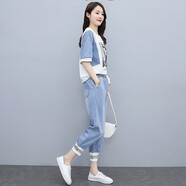穆夏百合時(shí)尚休閑兩件套套裝褲子2025年夏季新款女裝牛仔哈倫束腳褲九分褲 圖片色 XL