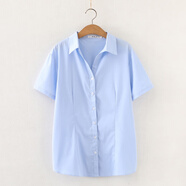 離拜大碼女職業(yè)襯衣 彈力顯瘦職裝女裝業(yè)正裝吸汗透氣大碼胖MM300斤 T襯衣藍色短袖V領(lǐng) 6XL