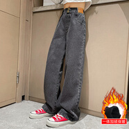 川孩女童闊腿褲牛仔褲春秋小學(xué)生直筒褲兒童寬松秋款褲子加絨加厚冬裝 皮標闊腿褲黑灰加絨 170 建議身高160-170cm