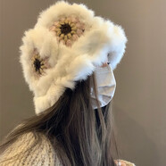 ALFB白鹿跑男同款兔毛絨醒獅帽子女秋冬天新款冬季鏤空針織帽毛線(xiàn)帽 白色粉花