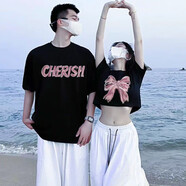 love legend(兩件裝)情侶裝夏季短袖t恤上衣服一男一女小眾設(shè)計(jì)感半袖套裝 蝴蝶結(jié) 黑色+黑色 L 男+女M