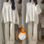 伊琦蕾秋冬新款白色水貂針織毛衣慵懶寬松針織衫上衣中長(cháng)款V領(lǐng)大碼毛衣 主圖色 S 建議80-95斤