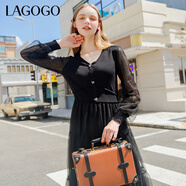LAGOGO黑色V領(lǐng)拼接網(wǎng)紗連衣裙女拉谷谷氣質(zhì)收腰仙氣優(yōu)雅舒適裙子 黑色(W1) S 155/36