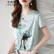 衣典零一（LEDIALYI）2025夏季女裝新款時尚洋氣寬松百搭真絲短袖t恤女桑蠶絲半袖上衣 藍色（1503） 2XL