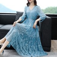 JRH JUN RONG HUANGjrh真絲連衣裙春夏季女裝2025新款桑蠶絲刺繡釘珠款A字裙子 藍色 2XL
