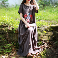 亂在江南新中式繡花棉麻連衣裙短袖夏裝新品做舊古典盤(pán)扣改良旗袍裙 灰色 均碼