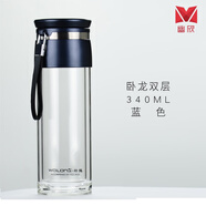 臥龍雙層玻璃杯 臥龍雙層玻璃杯茶水分離便攜男夏車載茶杯隔溫杯子耐熱透明水杯女 藏青色340ml