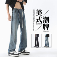 子午乾微喇牛仔褲男士春秋季港風(fēng)做舊高街寬松休閑韓版潮流休閑闊腿長褲 藍(lán)色 M 均碼