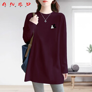 ANED鯊魚(yú)褲搭配的上衣純棉體恤女遮臀打底衫顯瘦減齡長(cháng)袖t恤女中長(cháng)款 酒紅色   黑白米奇 XL 建議130-145斤
