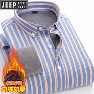 JEEP吉普純棉條紋襯衫男冬季加絨加厚中年爸爸裝保暖長(cháng)袖休閑大碼襯衣 Y210823T010 BN 223 XL 適合135-150斤左右