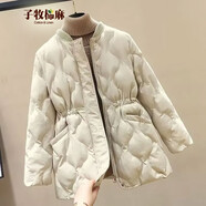 子牧棉麻冬裝 女韓版百搭棉衣外套洋氣收腰長袖棉服2221 米白色 XXL(建議125-140斤)
