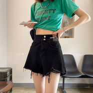 勛貍粑毛邊牛仔短褲女夏季新款高腰顯瘦薄款寬松a字闊腿熱褲子女 黑色【磨破紐扣】高質(zhì)量 XL 【106-123】