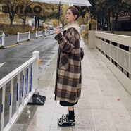 BUTAO格子雙面羊毛大衣女秋冬新款牛角扣大衣連帽0羊絨大衣 復(fù)古格子 S 建議80-110斤
