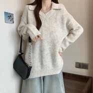 LBXB200斤粉色翻領(lǐng)正肩毛衣女2024秋冬新款大碼胖mm中長款針織衫馬海 杏色毛衣今年流行爆款/設(shè)計(jì)感小 均碼 m(100斤以內(nèi))