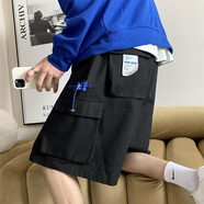 OEMG 卡其色工裝休閑短褲男夏季高街潮牌日系復古五分褲百搭寬松中褲 黑色 XL [建議125-140斤]