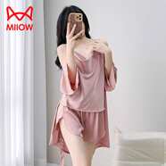 貓人（MiiOW）睡衣女款2025新款春款冰感套頭吊帶短褲套裝性感夏天絲綢薄背心 粉紅色(三件套) L (斤 120斤)