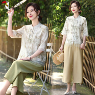 啄木鳥母親節(jié)媽媽裝夏裝套裝減齡2025新中式國風(fēng)中老年女裝洋氣棉麻兩件 淺綠色套裝 3XL 建議115-125斤
