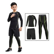 昇億 兒童緊身衣訓練服運動(dòng)套裝健身速干衣彈力保暖足球訓練籃球服 【長(cháng)袖】綠線(xiàn)三件套 130 （26碼 適合50-60斤）