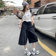 自由探戈（Liberty tango）黑色直筒牛仔短褲女2025年秋季寬松闊腿顯瘦百搭七分褲美式短褲 黑色七分 L