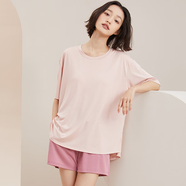芬騰夏季新款睡衣女上裝胸托一體可外穿家居服冰絲T恤帶杯 櫻花粉【前后擺一致上衣】 M-L【建議90-120斤】