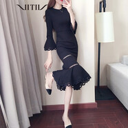 VITIV 香港潮牌斷碼女裝 七分喇叭袖鏤空魚(yú)尾裙 包臀修身顯瘦連衣裙 黑色 S