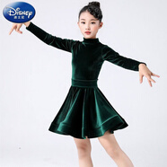 迪士尼（Disney）兒童女秋款拉丁舞兒童拉丁舞服裝長袖金絲絨大裙擺秋冬女童比賽考 墨綠色連衣裙  130