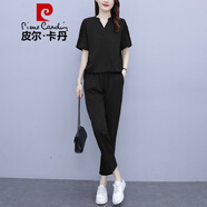皮爾卡丹衛(wèi)衣女 夏裝休閑時尚短袖套裝女2023新款潮遮肚顯瘦洋氣時尚女裝 黑色 3XL【建議140-160斤】