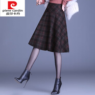 皮爾卡丹（pierre cardin）針織高腰半身裙女秋冬毛呢裙子2025新款顯瘦蓬蓬裙傘裙格子a字百 紅格 M 2尺