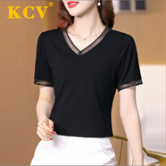 KCV女裝V領(lǐng)短袖T恤女新品純色網(wǎng)紗拼接修身顯瘦打底上衣半袖衫 黑色 M