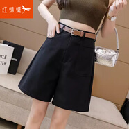 紅蜻蜓短褲女高腰工裝皮帶休閑褲女2025年夏季新款女裝A字女士闊腿褲 黑色（配腰帶） XL