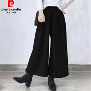 皮爾卡丹（pierre cardin）秋冬新款羊毛呢裙褲寬松闊腿褲毛呢九分褲呢子松緊腰寬腿褲顯瘦 黑色 M 建議90-115斤