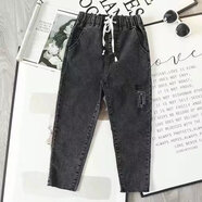 Lauaird胖mm大碼牛仔褲女寬松直筒顯瘦哈倫褲200斤加肥加大松緊腰老爹褲 6009黑色七分 5XL (175-195斤)