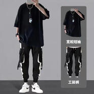 摘星少年衣服春夏季套裝男青少年帥氣短袖兩件套港風半袖T恤工裝褲一套裝 宇航員黑+K94褲子黑【兩件套】 XL 115-140斤 優(yōu)先發(fā)貨