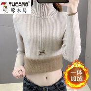 啄木鳥(niǎo)純毛衣女 女士一體絨加絨毛衣女加厚秋冬裝2025年新款拉鏈打底 卡其色 【一體絨】零下10°都保暖 加厚 2XL 140-155斤