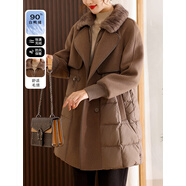 啄木鳥(niǎo)（TUCANO）媽媽冬裝中長(cháng)款毛呢外套高貴夫人時(shí)尚拼接羽絨服中老年女保暖棉襖 咖啡色 2XL (建議130-145斤)