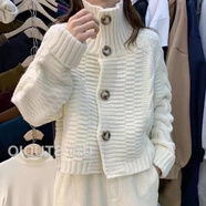 尚簡紛 女裝2025夏冬新款半高領(lǐng)麻花粗線毛衣女寬松復(fù)古針織開衫氣質(zhì)上 白色 S