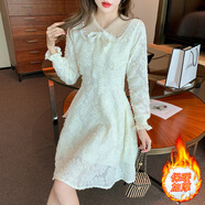 燕潯娃娃領(lǐng)長(cháng)袖蕾絲連衣裙女2025秋冬季新款設計感拼接女士中長(cháng)裙子 連衣裙-加絨 S
