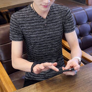 楠語(yǔ)秋短袖男冰絲T恤男夏季V領(lǐng)鏤空時(shí)尚潮流韓版修身男裝體恤上衣服 深灰 XL 建議110-125斤