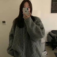 歌班婭日系慵懶風(fēng)加厚毛衣女秋冬天學(xué)生寬松外穿麻花針織衫中長(cháng)款毛線(xiàn)衣 灰色 4XL(建議150-160斤)