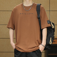 依郎酷夏季260g重磅短袖t恤男潮牌高密刺繡印花T恤男士純棉圓領(lǐng)寬松上衣 咖啡色【印花】 3XL 【180-200斤】