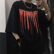 春秋季圓領(lǐng)短袖t恤男ins嘻哈說(shuō)唱五分袖上衣服男女同款學(xué)生情侶半袖SN8901 流墨字母#黑 （優(yōu)質(zhì)面料） XL 【建議120-135斤穿】