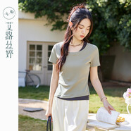 艾路絲婷針織短袖t恤女假兩件拼接撞色圓領(lǐng)2024夏裝新款正肩修身31832 卡其色 M