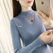 月袖（YUEXIU）上衣女2023年新款秋冬季修身半高領蕾絲洋氣毛衣長袖針織打底衫潮 淺藍【收藏商品優(yōu)先發(fā)貨】 L 建議110-120斤